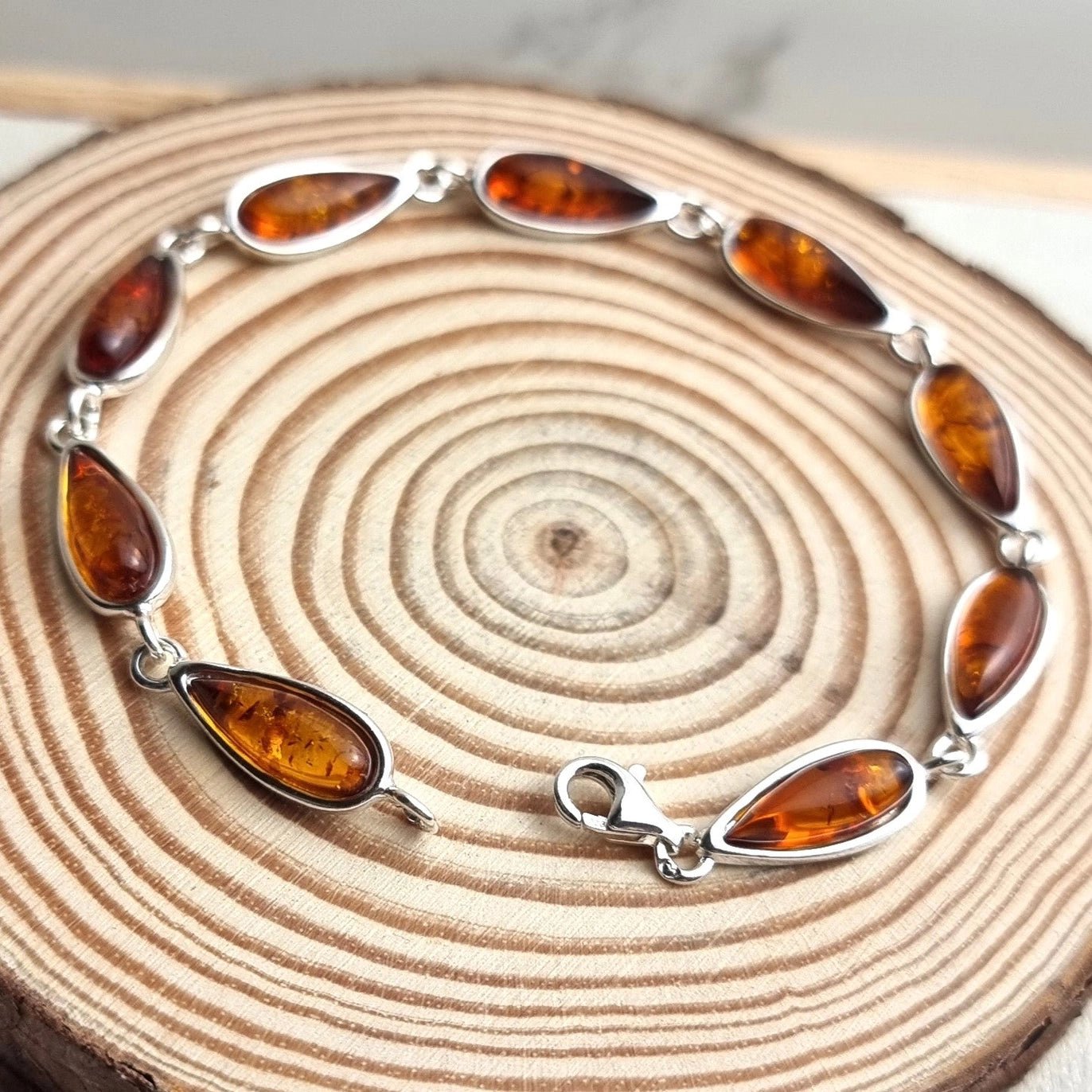 925 Sterling Silver & Genuine Baltic Amber Classic Link Bracelet - Eagle and Pearl Jewelers