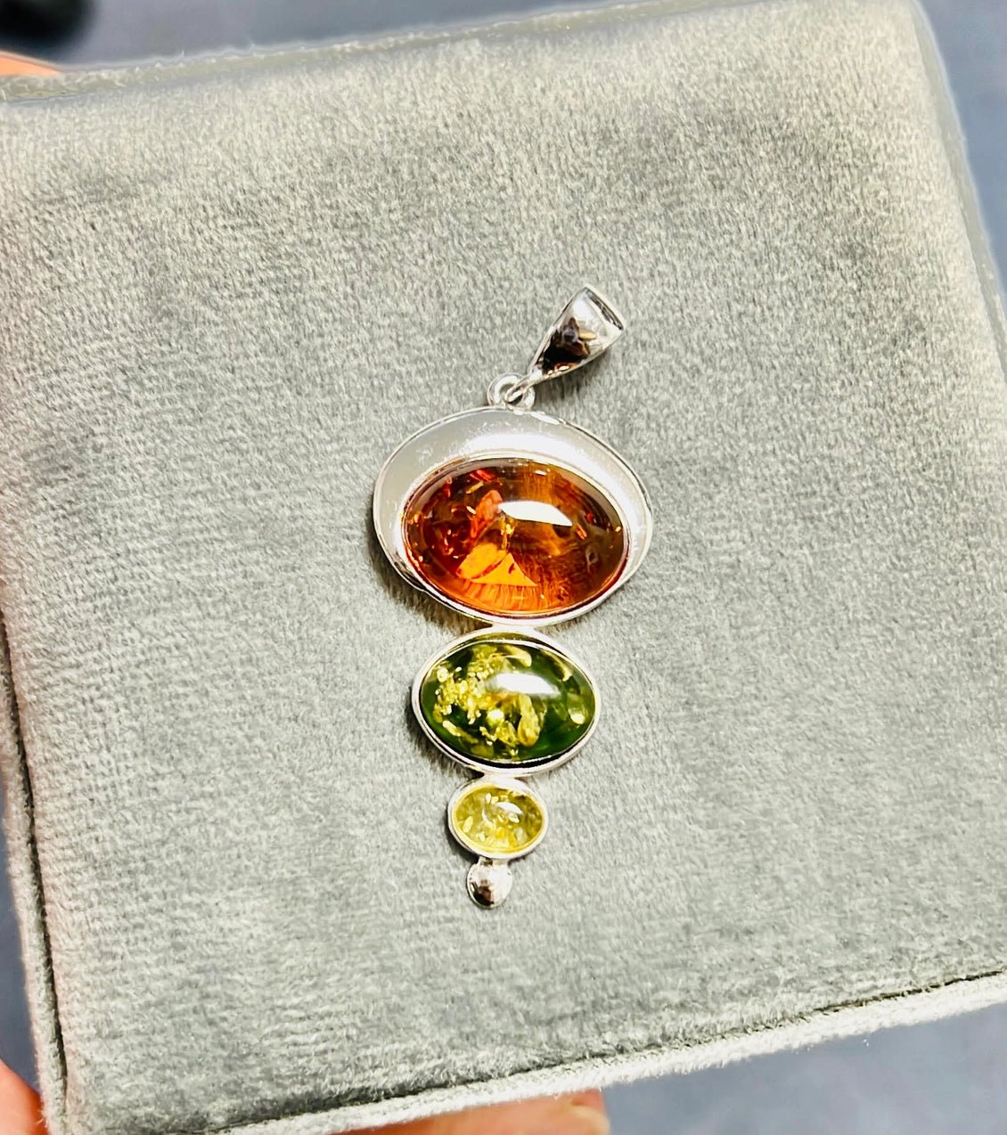 SilverAmber 925 Sterling Silver & Baltic Amber 3 Stone Modern Pendant - Eagle and Pearl Jewelers