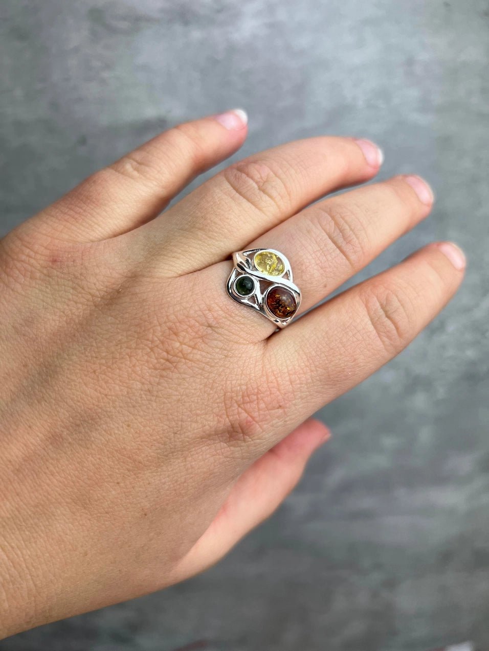 SilverAmber 925 Sterling Silver & Baltic Amber Modern Adjustable Ring - Eagle and Pearl Jewelers