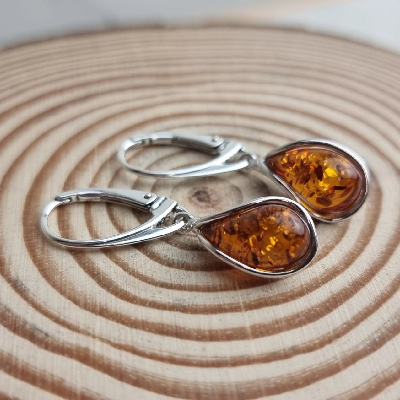 SilverAmber 925 Sterling Silver & Baltic Amber Modern Teardrop Drop / Dangle Earrings - Eagle and Pearl Jewelers