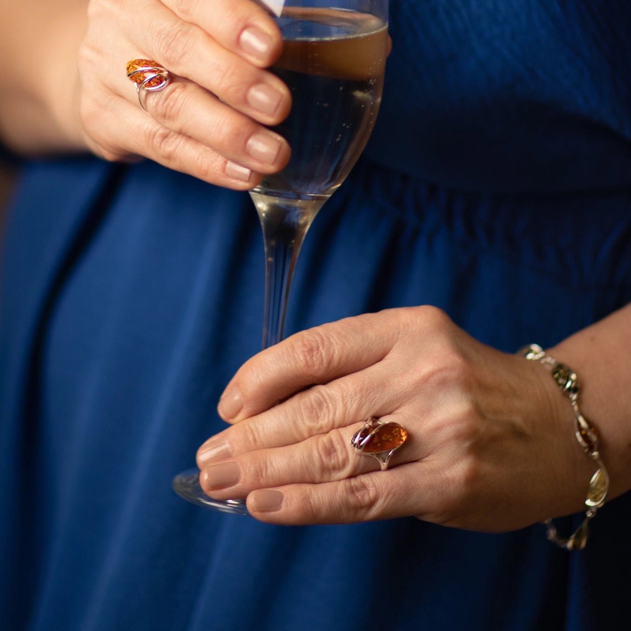 SilverAmber 925 Sterling Silver & Genuine Baltic Amber Adjustable Ring - Eagle and Pearl Jewelers