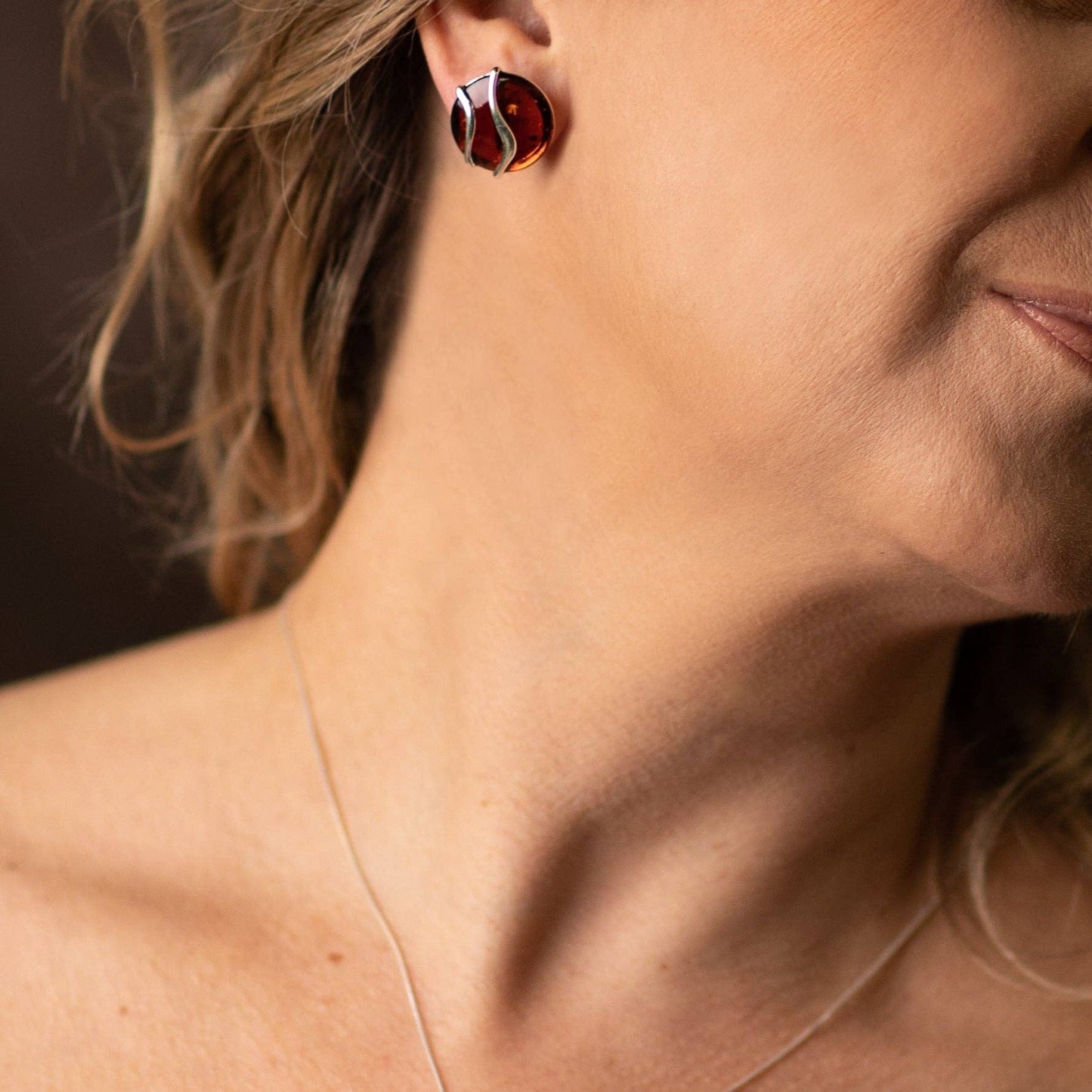 SilverAmber 925 Sterling Silver & Genuine Baltic Amber Large Button Studs Earrings - Eagle and Pearl Jewelers