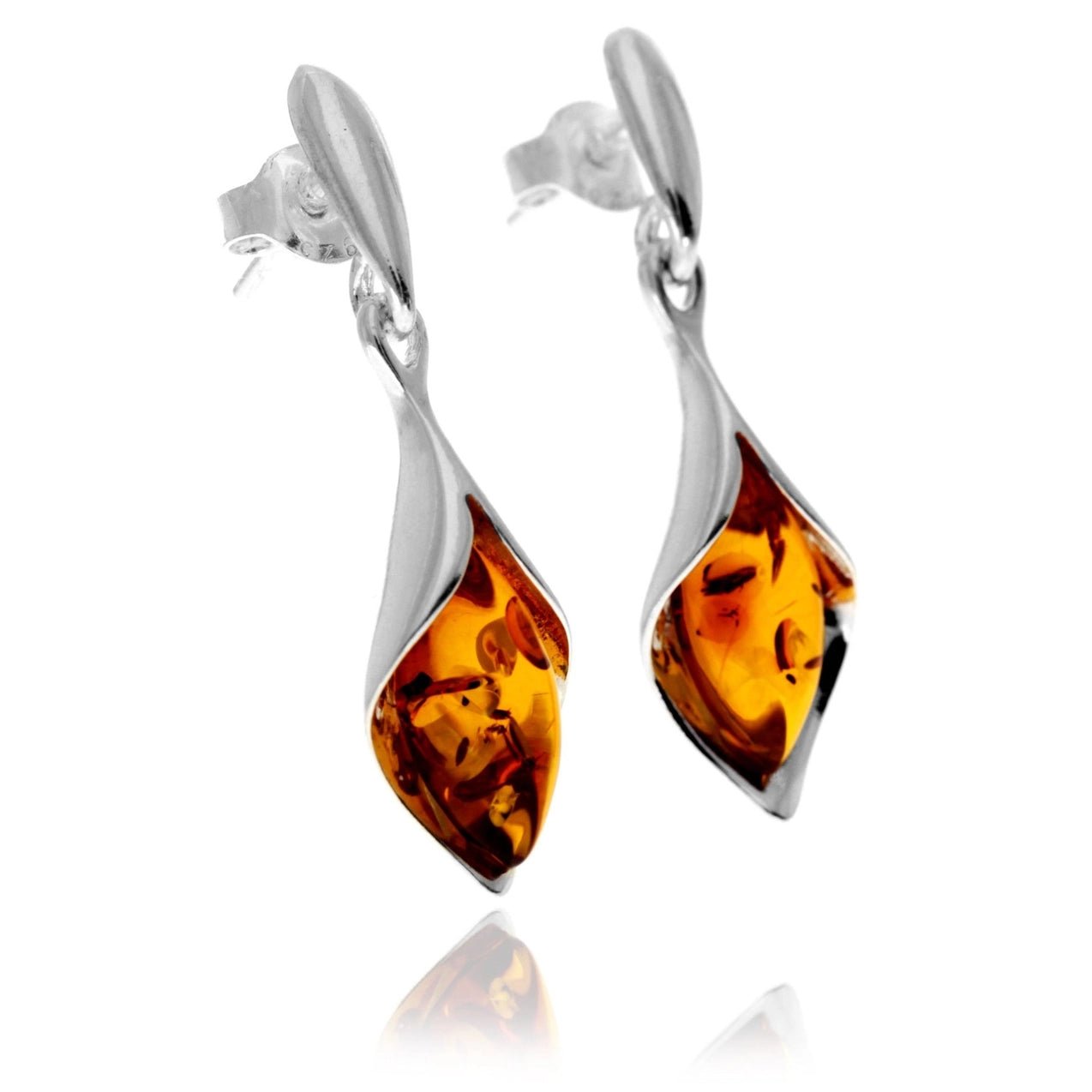 SilverAmber 925 Sterling Silver & Genuine Baltic Amber Lily Drop Dangle Earrings - Eagle and Pearl Jewelers