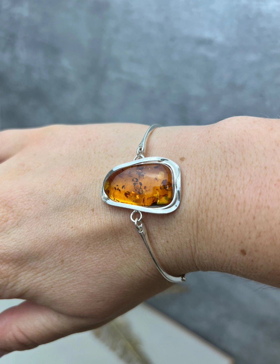 SilverAmber 925 Sterling Silver & Genuine Cognac Baltic Amber Exclusive Bangle - Eagle and Pearl Jewelers