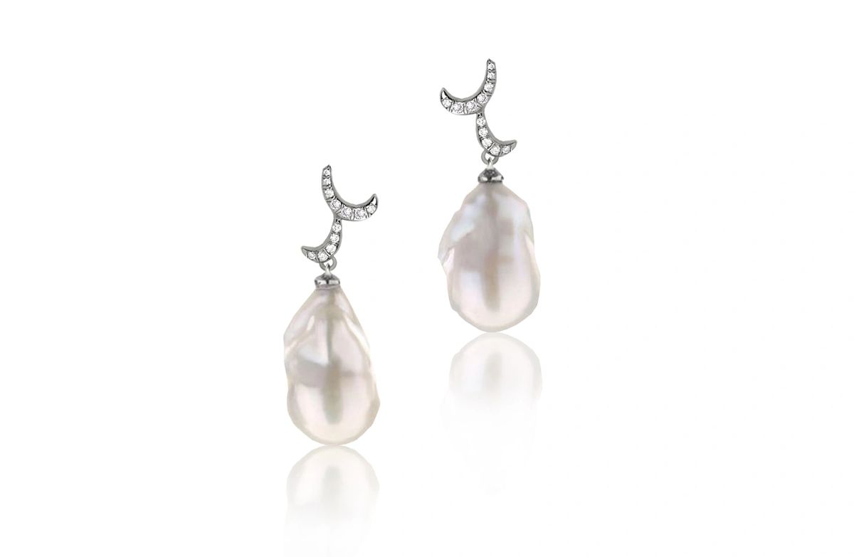 Fei Liu Whispering Baroque Pearl with Diamonds and 18kt Black Gold Drop Earrings - Eagle and Pearl Jewelers